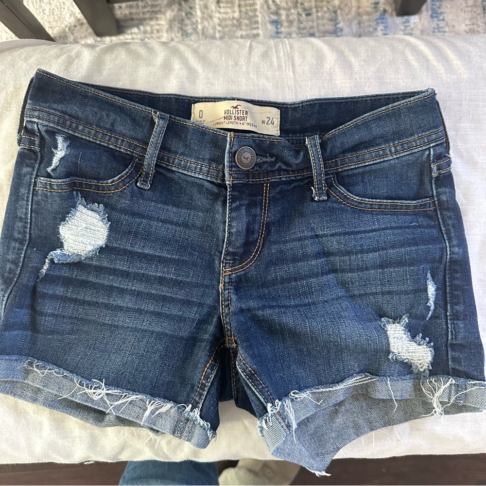 Hollister Midi Distressed Denim Shorts Size 0 W24 Raw Hem